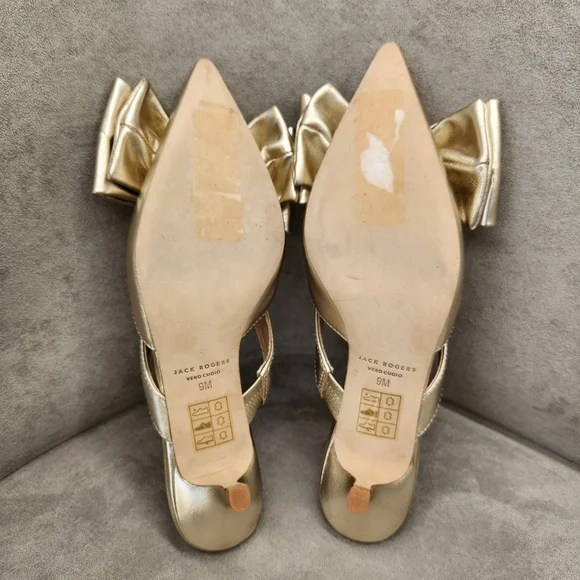 Jack Rogers Dress Mule 9 Gold Champagne Leather Cynthia Bow Kitten Heel Metallic - Picture 15 of 16